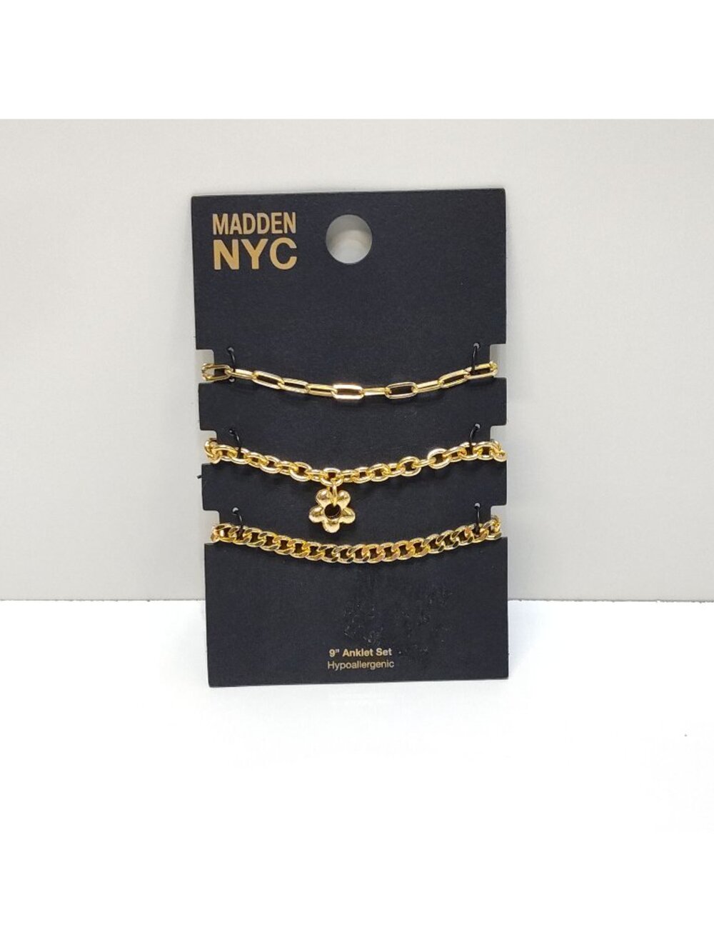 Madden NYC 9" Anklet 3-piece Set Mixed Chain Designs Flower Charm Hypoallergenic